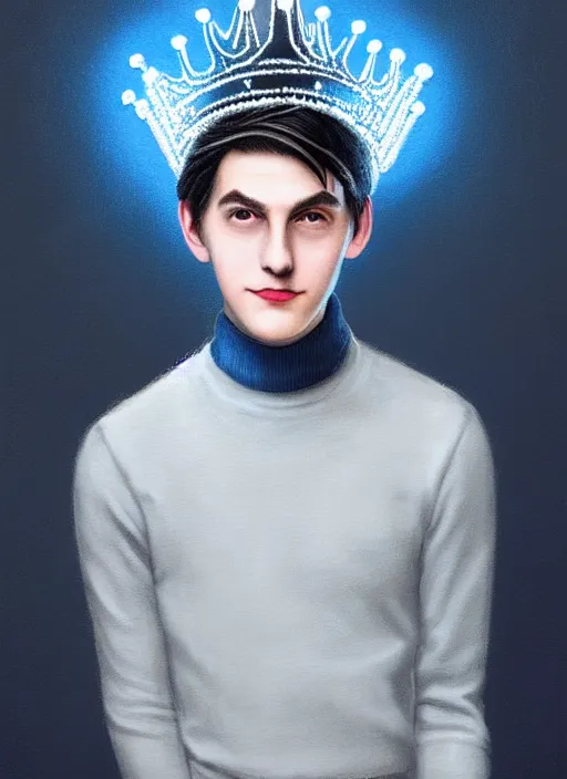 Image similar to portrait of teenage jughead jones wearing a light grey crown, crown, blue turtleneck, 1 9 5 0 s, closed eyes, photorealistic, black hair, glowing lighting, intricate, elegant, glowing lights, highly detailed, digital painting, artstation, concept art, smooth, sharp focus, illustration, art by wlop, mars ravelo and greg rutkowski