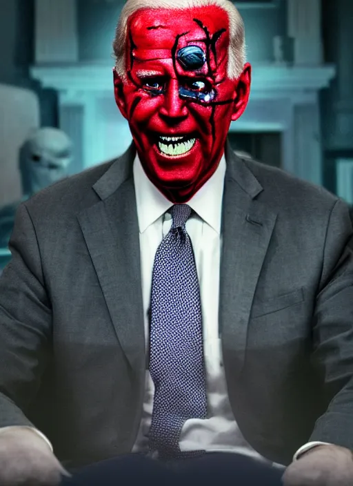 Image similar to hyper realistic ultra realistic horror terror dimensional photo furious glowing red eyes biden, high quality photo, detailed , 8k