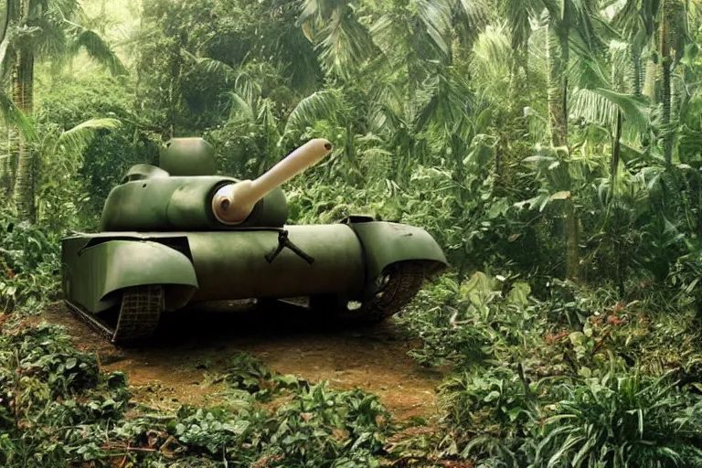 Prompt: colorful pokemon that looks like a military tank, lush jungle scene, post apocalyptic, shot on film