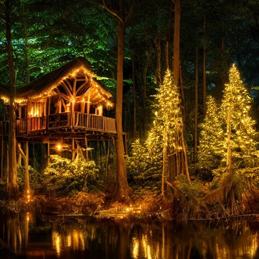 Image similar to a professional photograph of a treehouse village in a forest covered in fairy lights, HD, high quality, highly detailed, award-winning