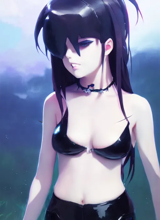 Image similar to portrait of cute goth girl in latex clothes, cloudy sky background lush landscape illustration concept art anime key visual trending pixiv fanbox by wlop and greg rutkowski and makoto shinkai and studio ghibli