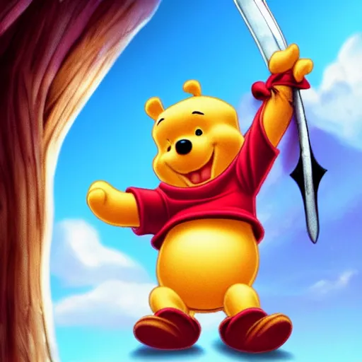 Image similar to Winnie the Pooh holding a giant sword, hd, intricate, Kingdom Hearts, 8k, digital art