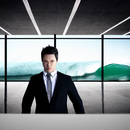 Image similar to full body portrait, man in black suit surfs ocean wave in office, furniture around, business surrounding, dslr, insane details, hyper reallistic, 8 k, clear face and eyes, ultra clear detail, hdr, textured, award winning, professional photography