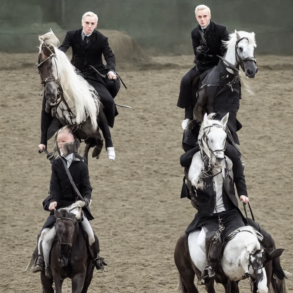 Image similar to Draco Malfoy riding one black horse