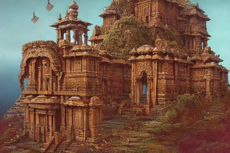 Image similar to photography of a beautiful archipelago of never seen before stunning ancient indian temple. intricate pilars patern, runes. flowers. inspiring science fiction, intricate, elegant, uplifting, inspirational, highly detailed by beksinski and simon stalenhag