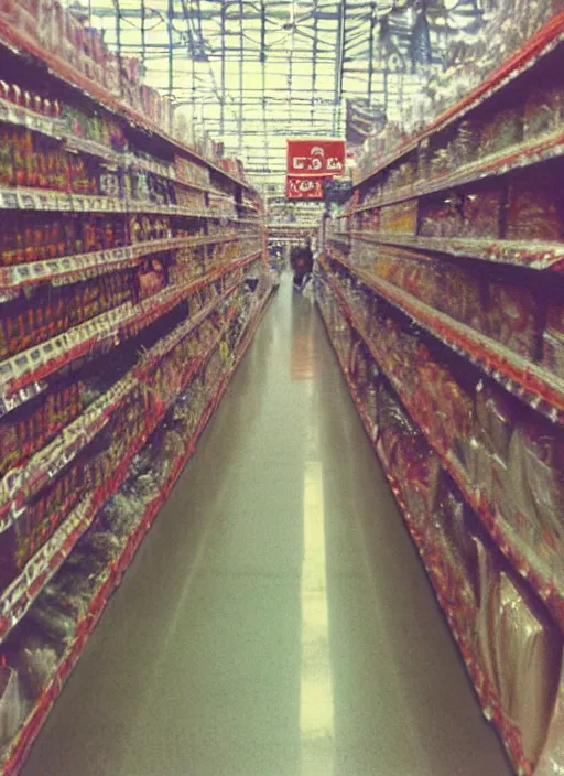 Image similar to first person view. walking through a costco in 1 9 9 7. blurry polaroid