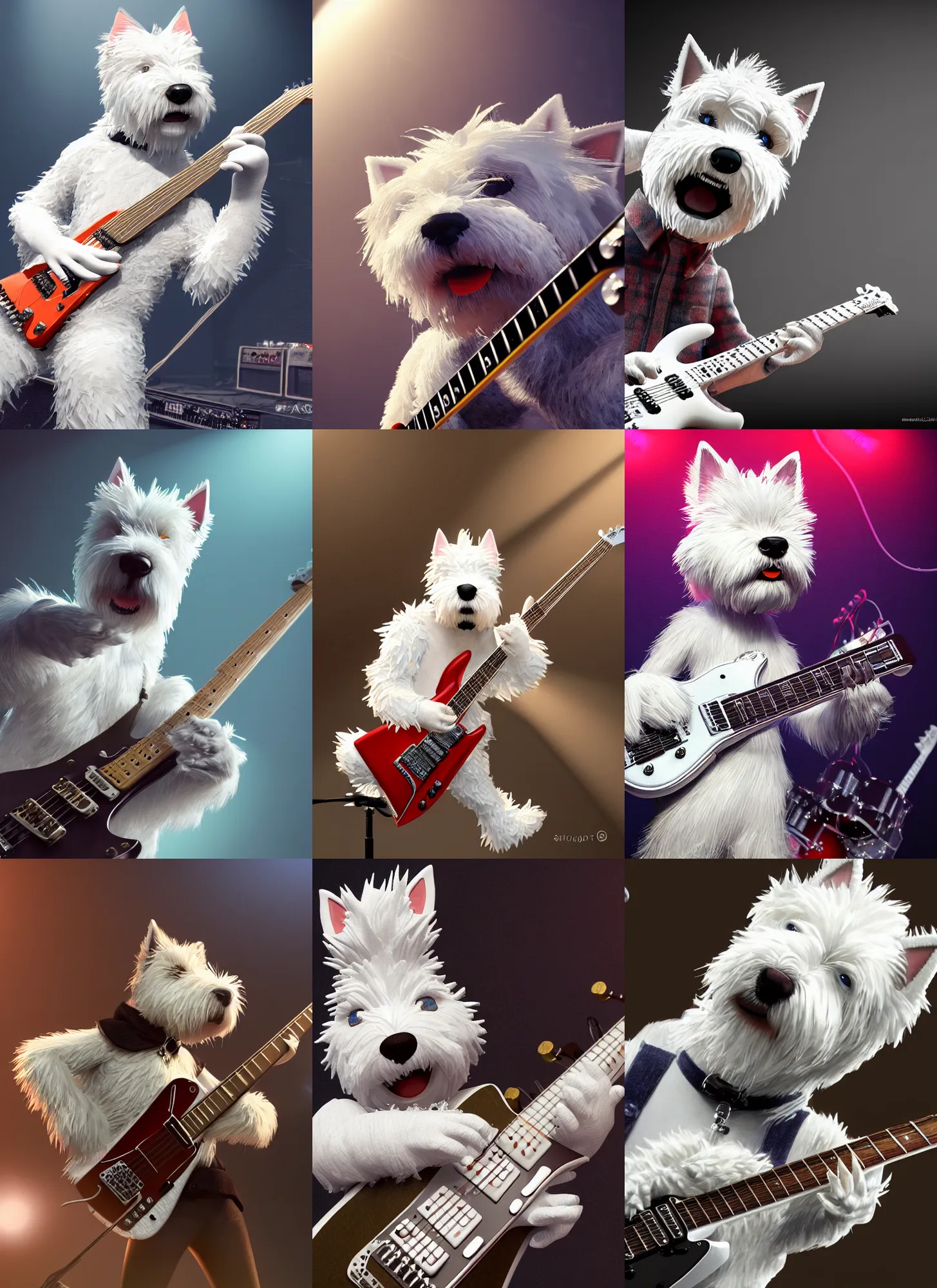 Prompt: a high detail shot of an Anthropomorphic west highland white terrier Guitarist, playing electric guitar, on rock concert stage, photorealism, ultra detailed, volumetric lighting, epic lighting, artstation, cgsociety, uhd