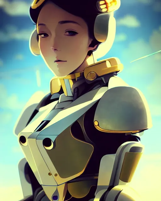 Prompt: beautiful delicate imaginative streamlined mecha anime elegant futuristic close up portrait of a pilot female sitting with magnificent piercing deadly looks, armor with gold linings by ruan jia, tom bagshaw, alphonse mucha, futuristic buildings in the background, epic sky, vray render, hyper realistic, artstation, deviantart, pinterest, 5 0 0 px models