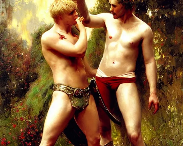 Prompt: attractive arthur pendragon shirtless but wearing pants flirting wit his attractive knight. the knight is also flirting back, the knight is also wearing pants highly detailed painting by gaston bussiere, craig mullins, j. c. leyendecker