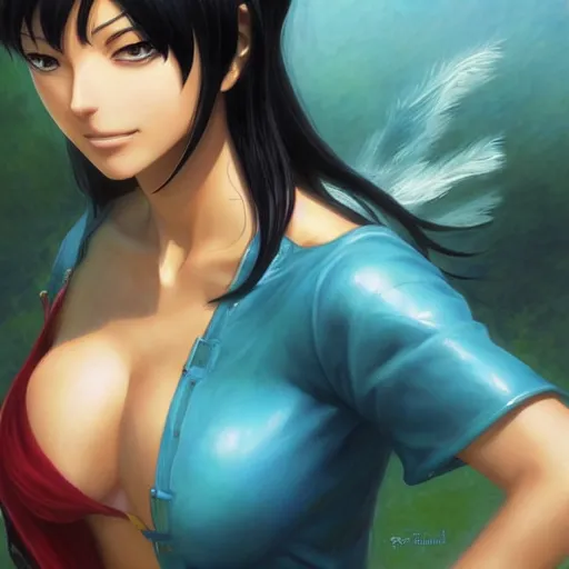 Prompt: nico robin by eiichiro oda!, makoto shinkai, blue eyes!!, large aquiline nose!!, highly detailed, digital painting, trending on artstation, concept art, matte, sharp focus, illustration, art by artgerm, greg rutkowski, magali villeneuve, and adolphe bouguereau