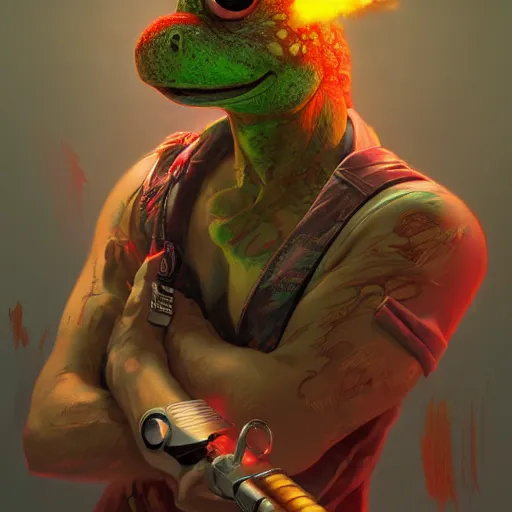 Image similar to yoshi as trevor philips vaporwave, one eye red, vulcaon machine gun, cigar, highly detailed, digital painting, artstation, concept art, smooth, sharp focus, illustration, art by artgerm and greg rutkowski and alphonse mucha