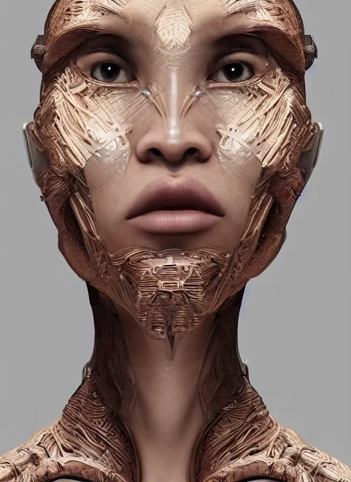 Image similar to beautiful portrait of an alien cyborg, style of Feng Zhu, Artstation geometric, aesthetic, big eyes, smooth skin, angelic, dreamlike, unique features, symmetrical, intricate crown, high fashion, streetwear, cyberpunk, detailed, octane render, cinematic, 8k, brown skin, retro sci fi film, Stanisław Szukalski + Moebius,