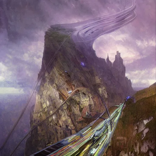 Image similar to hyperrealist portrait of a vast cliff face with one enormous futuristic building jutting out with a bridge to it and suspension cables, over a masive river valley at night by jeremy mann and alphonse mucha and alan lee, fantasy art, photo realistic, dynamic lighting, artstation, poster, volumetric lighting, very detailed faces, award winning, full face, symmetry