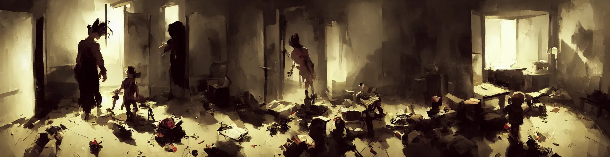 Prompt: a kid entering in a hoarder's room, dark atmosphere. by sergey kolesov and phil hale