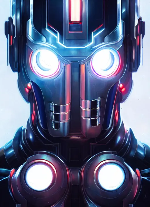 Image similar to symmetry!! portrait of ultron, sci - fi, tech wear, glowing lights!! intricate, elegant, highly detailed, digital painting, artstation, concept art, smooth, sharp focus, illustration, art by artgerm and greg rutkowski and alphonse mucha