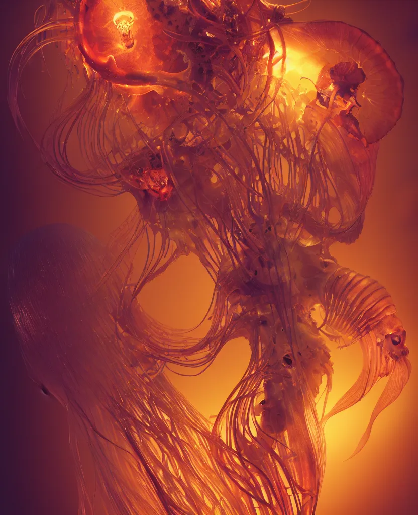 Prompt: human thorax, rib cage, ribs jellyfish phoenix head, nautilus, orchid, skull, betta fish, bioluminiscent creatures, intricate artwork by Tooth Wu and wlop and beeple. octane render, trending on artstation, greg rutkowski very coherent symmetrical artwork. cinematic, hyper realism, high detail, octane render, 8k