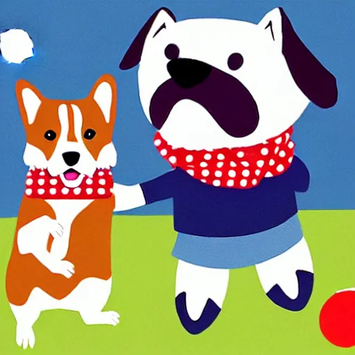 Image similar to illustration of french boy playing football with a corgi wearing a polka dot scarf in paris