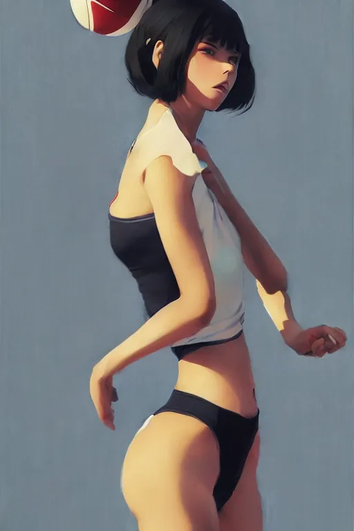 Image similar to A ultradetailed beautiful panting of a stylish woman playing volleyball, Oil painting, by Ilya Kuvshinov, Greg Rutkowski and Makoto Shinkai