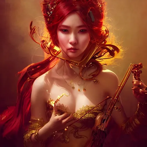 Image similar to the portrait, masked beautiful female violinist, exotic costumes, gold jewelry, red hair ， illustration by wenjun lin, irakli nadar, bright colors, octopath traveler, wenjun lin, unreal engine 5 highly rendered, global illumination, radiant light, detailed and intricate environment