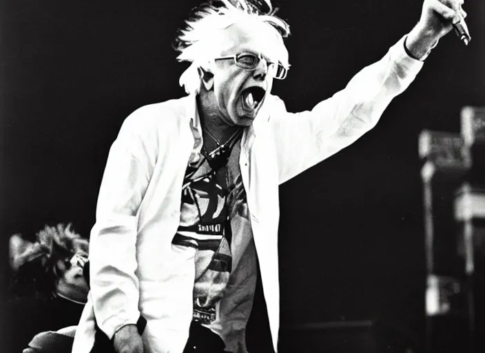 Image similar to publicity photo still of bernie sanders in motley crue live on stage 1 9 8 8, 8 k, live concert lighting, mid shot