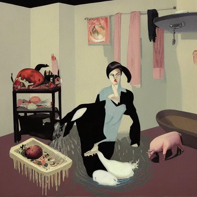 Image similar to tall female emo artist holding a pig in her flooded bathroom, water gushing from ceiling, painting of flood waters inside an artist's bathroom, a river flooding indoors, pomegranates, pigs, ikebana, zen, water, octopus, river, rapids, waterfall, black swans, canoe, berries, acrylic on canvas, surrealist, by magritte and monet