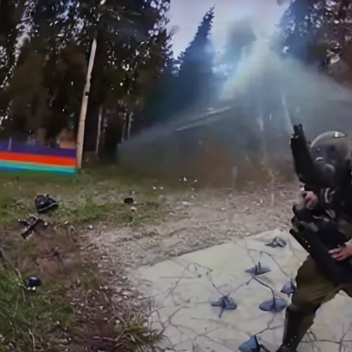 Prompt: gopro footage of putin's head being eviscerated by paintballs, ultra realism, cinematic lighting, retro