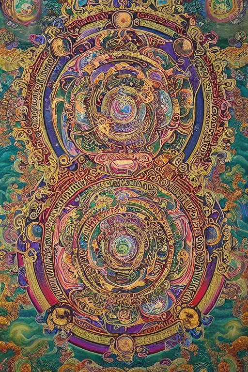 Prompt: an ornate ultradetailed tibetan thangka, A giant lotus mandala, celestial bodies, Post apocalyptic, flying through time, portal into anotheer dimension, giant lotus mandala, intricate tapestry, by yoshitaka amano, hiroshi yoshida, moebius, trending on instagram, 8k, HD, gigapixel, highly detailed, epic, exquisite, great coherency, painted on silk, realistic proportions, Tibetan art, Thangka painting, Buddhist art, Medieval Art, Asian Art, Sacred Geometry, sharpness applied, hyperrealism