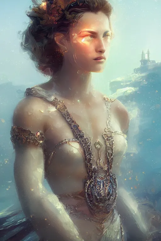 Image similar to Atlantis princess, gorgeous, close-up portrait, intricate, elegant, volumetric lighting, scenery, digital painting, highly detailed, artstation, sharp focus, illustration, concept art, ruan jia, steve mccurry