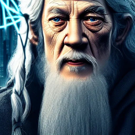 Prompt: Gandalf, but as an technically augmented human, cyberpunk, exobiology, hyper realistic, hyper detailed, realistic picture, high angle shot, Long shot, by Constantine Andreou, 4k post-processing highly detailed,