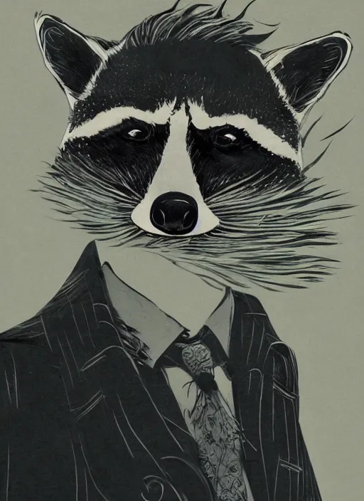 Prompt: a dramatic gouache portrait of an anthropomorphic raccoon mob boss, by posuka demizu, by stephen gammell, by victo ngai, by george ault, in the style of mafia, artstation