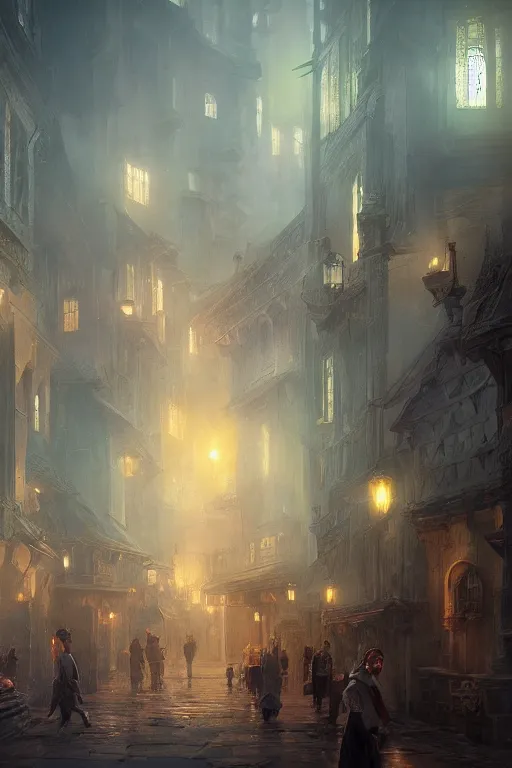 Image similar to inside the antique city of Avalon at dusk, intricate, elegant, volumetric lighting, digital painting, highly detailed, artstation, sharp focus, illustration, concept art, ruan jia, steve mccurry