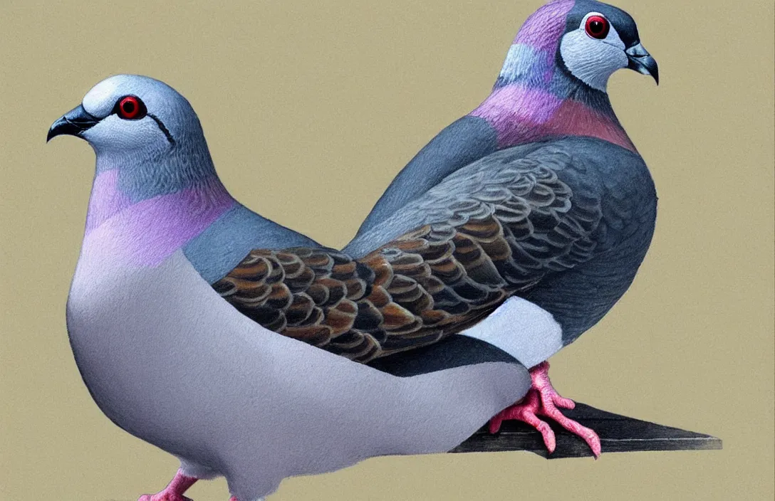 Image similar to a street pigeon!!!!!!!!!!!!!!!!!!!!!!!!!!!, detailed face, detailed painting, flat lighting by alberto mielgo and paul slater