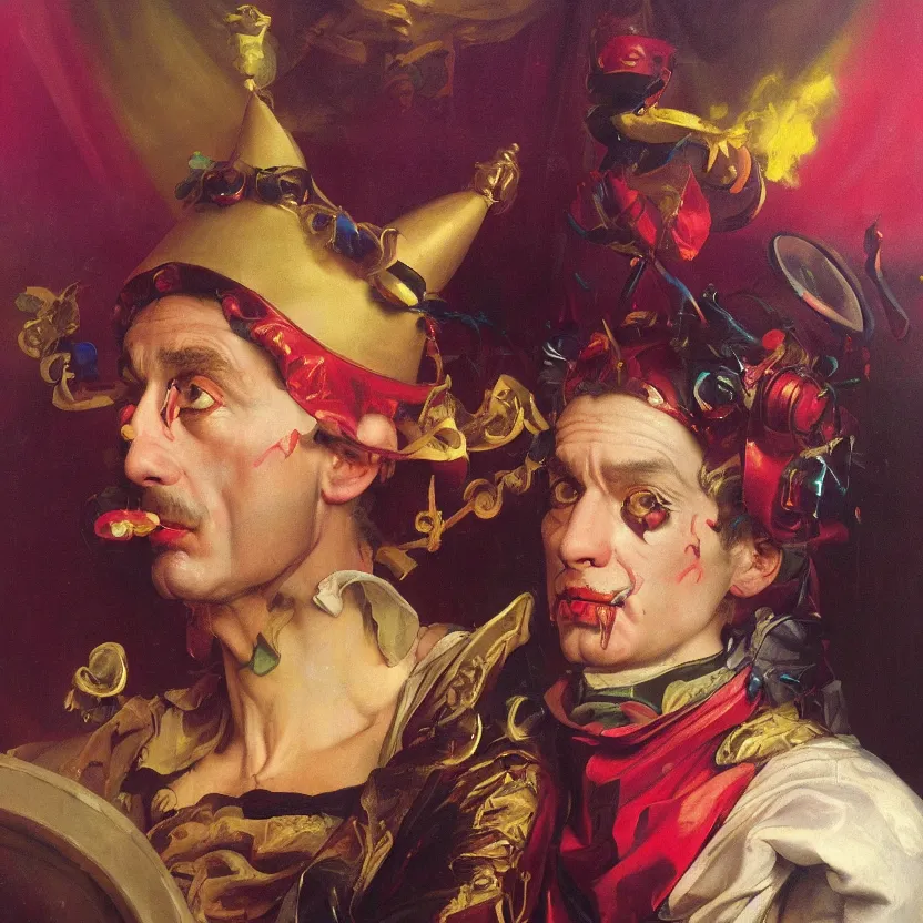 Prompt: a baroque neoclassicist close - up portrait of a colorful jester, glowing circus tent and fog in the background. renaissance portrait painting. highly detailed science fiction painting by norman rockwell, frank frazetta, and syd mead. rich colors, high contrast, gloomy atmosphere, dark background. trending on artstation