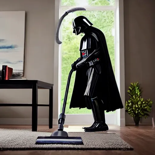 Prompt: Darth Vader vacuuming the house, photo realistic, award-winning, highly-detailed