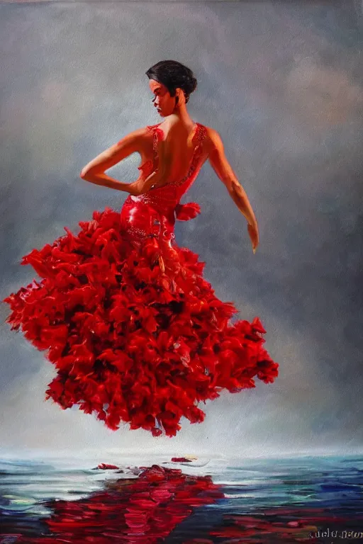 Image similar to oil painting of spanish flamenco dancer wearing a red dress made of flowers engulfed in flames, she's standing waist deep in water, dimly lit, looking away, dark shadows, ethereal, foggy, moody, surreal