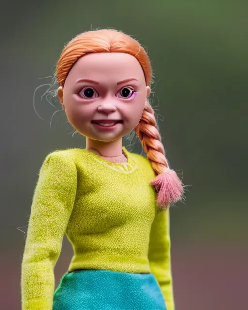 Image similar to high quality presentation photo of a cute greta thunberg barbie doll, photography 4k, f1.8 anamorphic, bokeh, 4k, Canon, Nikon