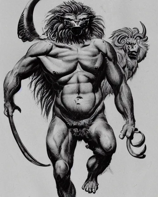 Image similar to a creature with the body and eyes of a man, with the beak of an eagle, the mane of a lion, and the horns of an ox. drawn by frank frazetta