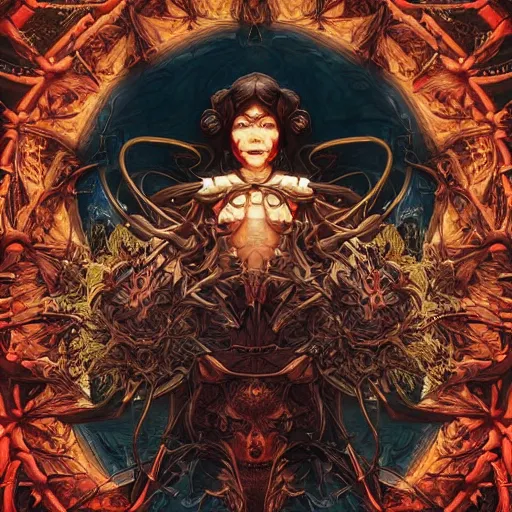 Image similar to 😈👹, rotary symmetrical, dynamic lighting, darker intense, detailed, by bambang nurdianshyah, garis edelweiss, roby dwi antono and dan mumford, ayami kojima, takato yamamoto, barclay shaw, karol bak, yukito kishiro, norman rockwell