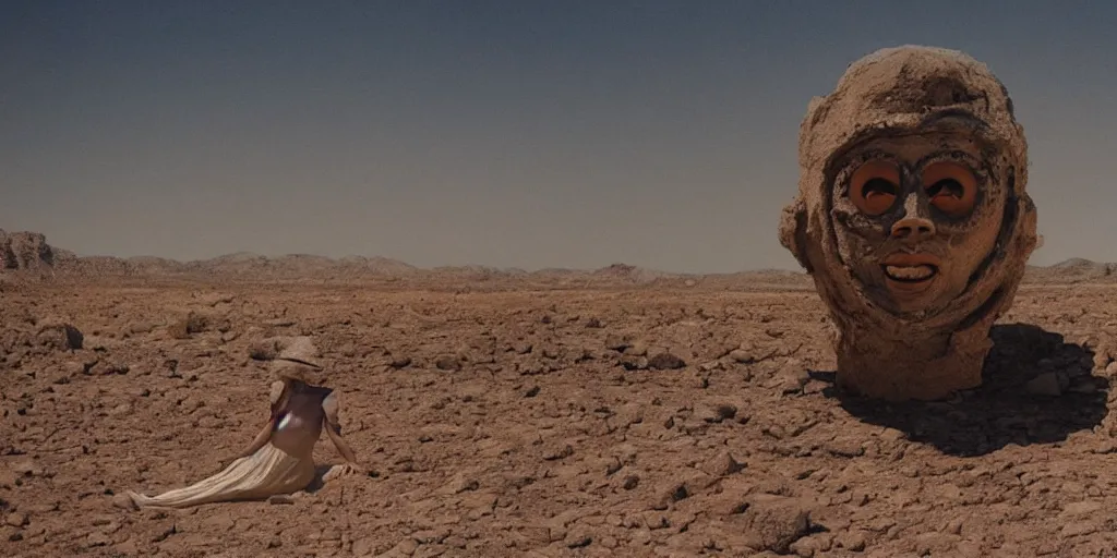 Prompt: levitating woman with full - face golden mask in a dry rocky desert landscape, visible sky and sunny atmosphere, giant abandoned alien city by alejandro jodorowsky, anamorphic lens, kodakchrome, practical effects, masterpiece, 8 k