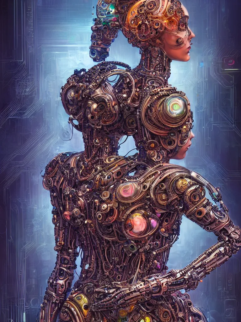 Image similar to full lenght shot woman in biomechanical dress, wearing epic bionic cyborg implants of different colors, detailed intricate ornate cables, by dan mumford, masterpiece, intricate, elegant futuristic wardrobe, highly detailed, artstation, concept art, background galaxy, cyberpunk colors, art by artgerm