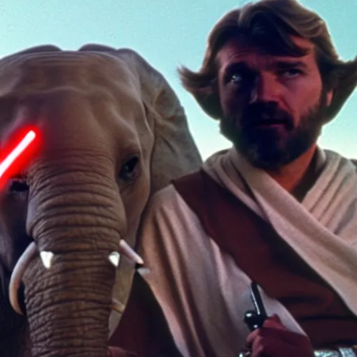 Prompt: a film still of a man with a elephant's head using a Obi Wan Kenobi clothes holding a lightsaber in A New Hope(1977)