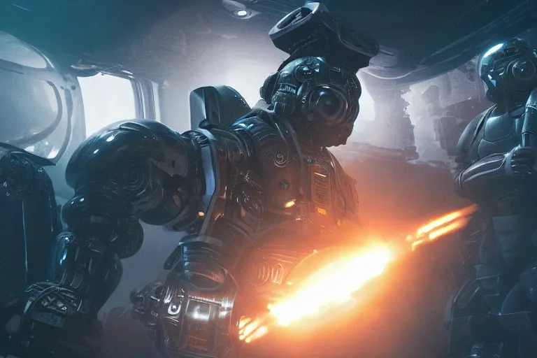 Image similar to VFX movie of a futuristic inhuman alien spacemarines in future spaceship, firing gun at space pirates detailed creature skin neon lighting by Emmanuel Lubezki