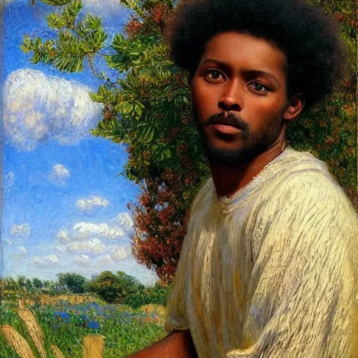 Image similar to east african man with curly hair, fedosenko roman, j. w. godward, jose miguel roman frances, intricate details, countryside, dreamy, impressionist, figurative