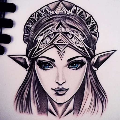 Image similar to tattoo design, stencil, portrait of princess zelda by artgerm, symmetrical face, beautiful, triforce