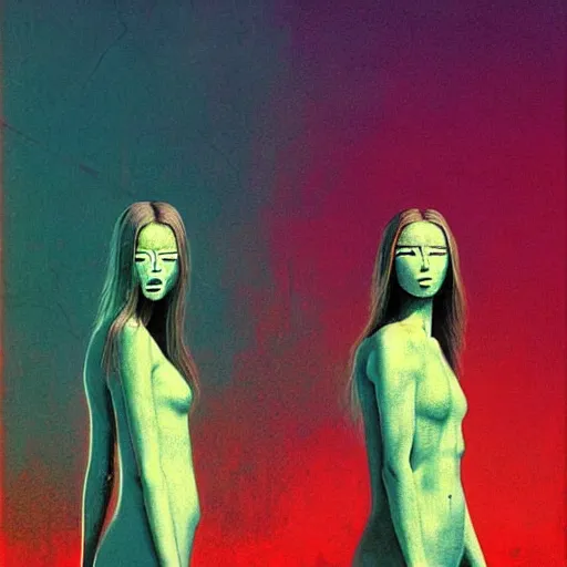 Image similar to charlies angels by beksinski and tristan eaton, dark neon trimmed beautiful dystopian digital art