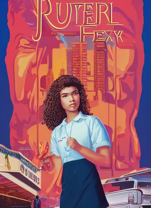 Image similar to poster artwork by michael whelan and laurent durieux, portrait of a high school student zendaya!!!!! wearing rr diner uniform working at the local diner, confectioner in a pastry shop, full length shot, shining, from scene from twin peaks, clean