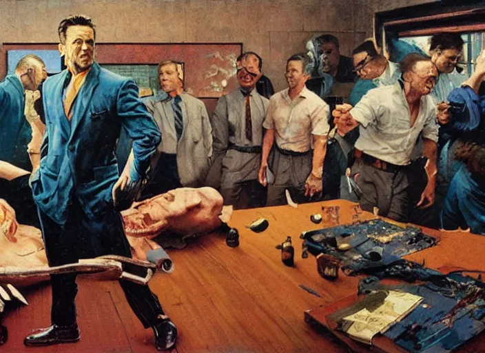 Prompt: a still from the movie avengers : endgame by of francis bacon and norman rockwell and james jean, a still from the movie the shawshank redemption, still from the movie pulp fiction, triadic color scheme, by greg rutkowski, syd mead and edward hopper and norman rockwell and beksinski, dark surrealism, orange and turquoise