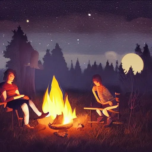 Prompt: guy and girl sitting beside cozy campfire at night, fantasy digital art