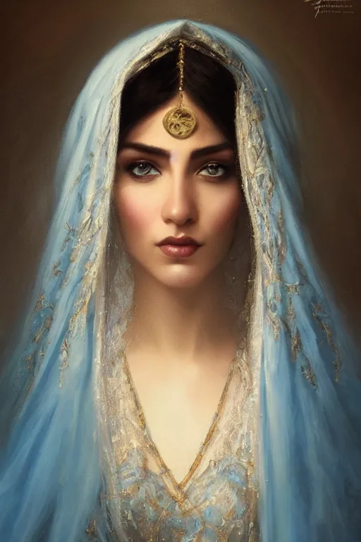 Image similar to arab ameera al taweel, bright blue eyes, long wavy black hair, white veil, closeup, cinnamon skin color, elegant, highly detailed, centered, oil painting, artstation, concept art by tom bagshaw