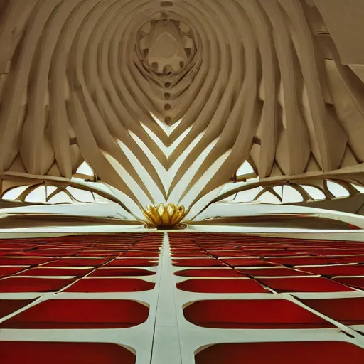 Image similar to interior of a futuristic lotus temple with gold, red and white marble panels, in the desert, by buckminster fuller and syd mead, intricate contemporary architecture, photo journalism, photography, cinematic, national geographic photoshoot